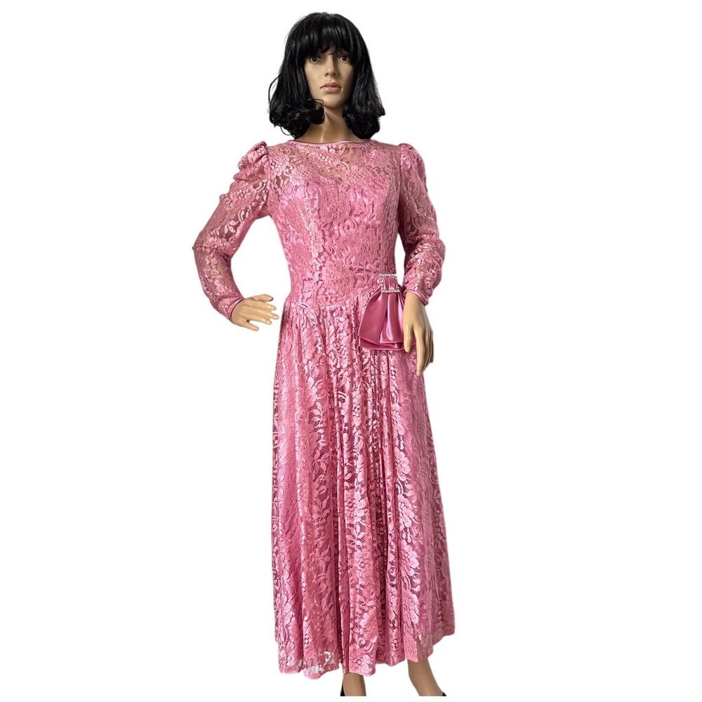 American vintage 70's pink lace prom Bridesmaid midi dress small